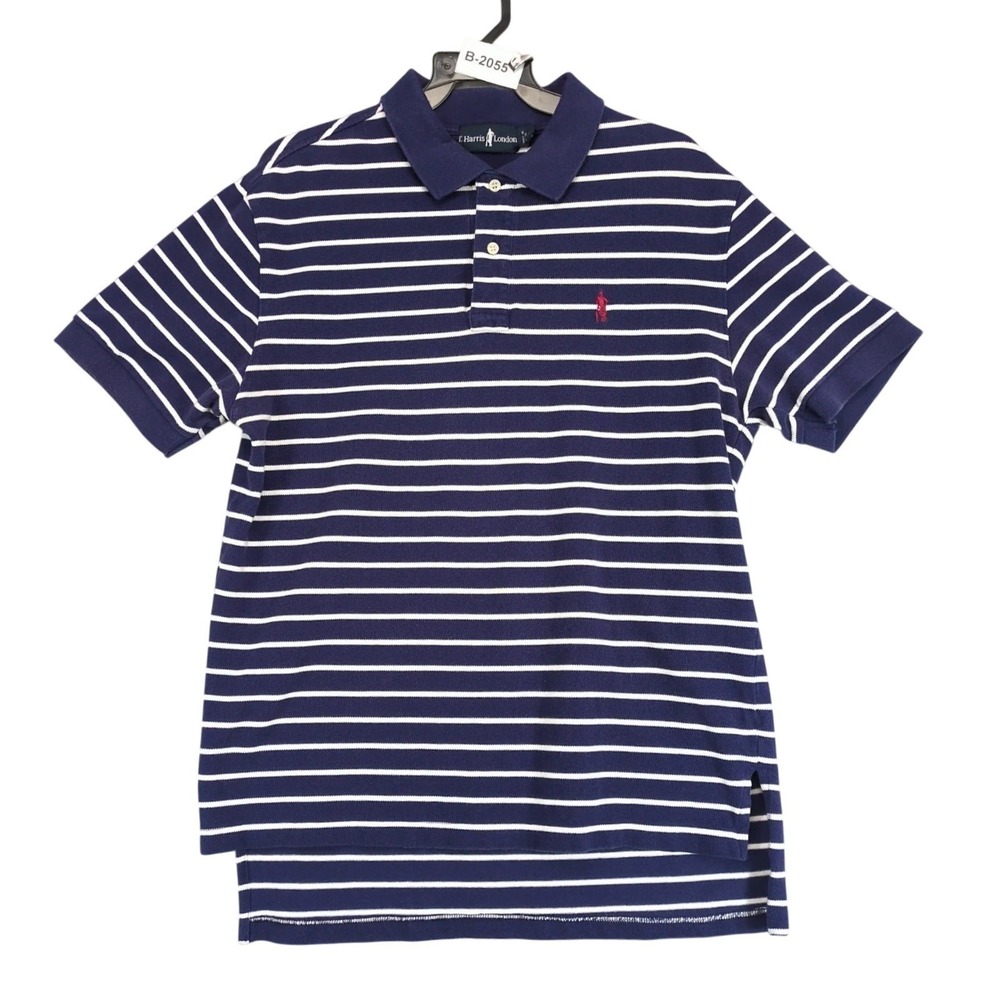 T. Harris of London Navy Striped Golf Polo Shirt Mens M Logo Pique Cotton Preppy